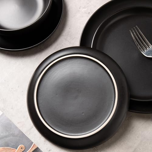 12-Piece Stoneware Dinnerware Set with Mugs | Microwave and Dishwasher Friendly | Stackable Matte Glaze Plates & Bowls | Service for 3 (Black for 4) - color: Black for 4