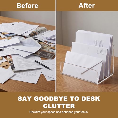 3 Compartments Clear Acrylic Mail Holder, Vertical Letter Sorter&Multifunction Desk Organizer for Bills,Documents,Notebooks Filling Envelope Holder, Office/Home Envelope File Rack