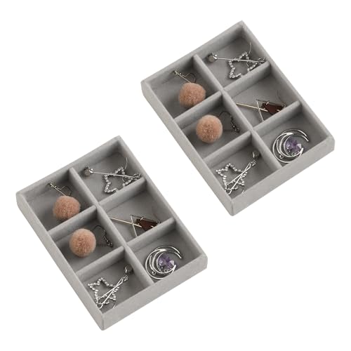 Small Jewelry Trays for Drawer,2 Pack 6 Grid Earring Organizer | Jewelry Display for Rings Stud,Jewelry Box Inserts,Drawer Inserts,Adjustable Dividers,Earring Organizer,Stackable,Mini Size - color: Grey, size: 6 Grids Set 2