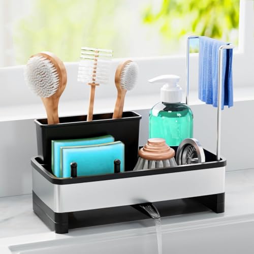 Kitchen Sink Caddy Organzier with High Brush Holder - Sponge Holder for Kitchen Sink with Towel Racks - Rustproof 304 Stainless Steel Kitchen Countertop Storage Essentials - color: Black