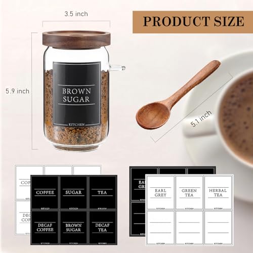 KOSKIMER Coffee and Sugar Container Set, Glass Coffee Jars with Wooden Lids | Decorative Sugar Tea Creamer Canisters for Kitchen Countertop, Small Sugar Container with Spoon for Coffee Bar (25oz)