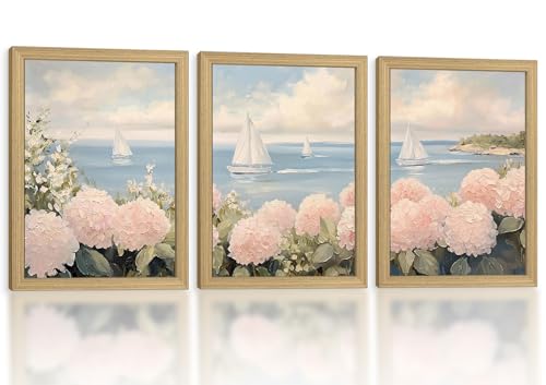 Flower Ocean Sailboat Canvas Wall Art 3Pcs Framed Home Decor 12X16 Inch | Ready to Hang Pink Coastal Seascape Floral Poster Picture Print Girls' Room Living Room Bedroom Bathroom Hallway Foyer - color: Ocean Sailboat 003, size: 16"L x 12"W