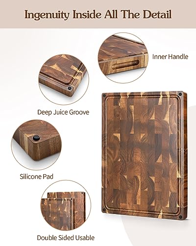 XINZUO Large Thick End Grain Acacia Wood Cutting Board- (19''L x 14''W x 1.5''T) Reversible Wooden Chopping Board with Non-Slip Feet, Built-in Handles and Juice Groove- Butcher Block Cutting Board - size: 19"L x 14"W