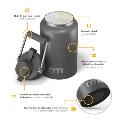 RTIC Half Gallon Outback Jug, Ceramic Lined, Graphite | Stainless Steel, Insulated Water Bottle with Lid and Handle, Double Wall Vacuum Insulation - color: Graphite