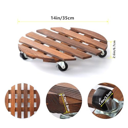 2 Pack 14" Plant Caddy with 5 Wheels, Rolling Plant Stand 220 LB Heavy Duty Wooden Round Plant Dolly with Metal 360° Lockable Caster Wheels for Outdoor Indoor Large Plant Pots, Flower Pot, Patio - size: 14"+14"