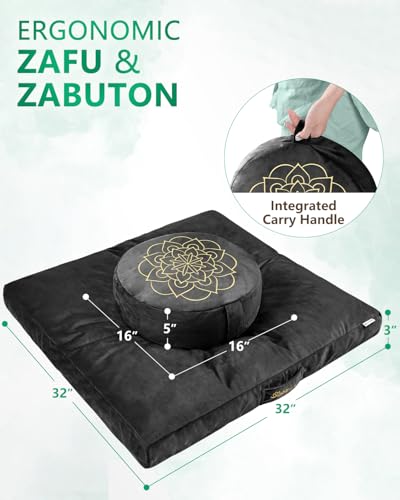 Hihealer Meditation Cushion Set Large Velvet Floor Pillow & Traditional Tibetan Yoga Bolster for Adults Zafu Meditation Mat with Buckwheat Filling (Black) - color: Black