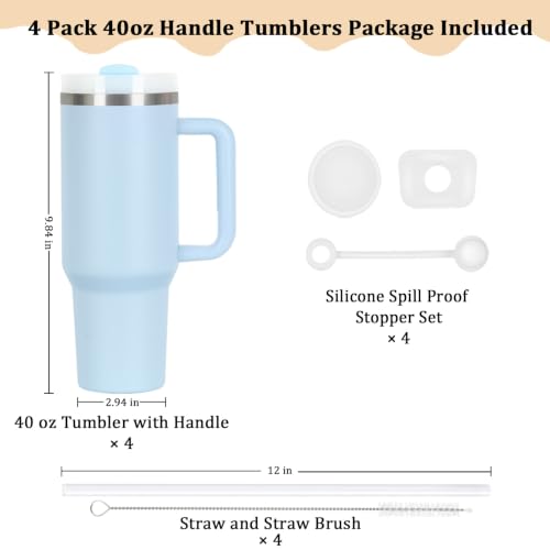 4 Pack 40 Oz Tumblers with Handle Bulk, Double Wall Vacuum Insulated Stainless Steel Tumblers with Lid and Straw, 40 oz Cups with Silicone Spill Proof Stopper Set (Sky Blue) - color: Sky Blue