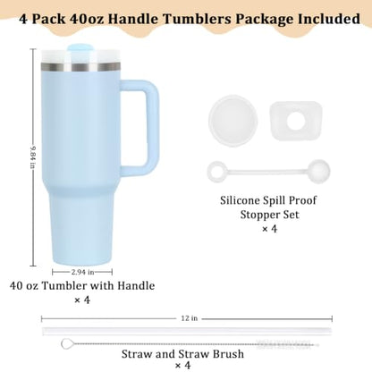 4 Pack 40 Oz Tumblers with Handle Bulk, Double Wall Vacuum Insulated Stainless Steel Tumblers with Lid and Straw, 40 oz Cups with Silicone Spill Proof Stopper Set (Sky Blue) - color: Sky Blue