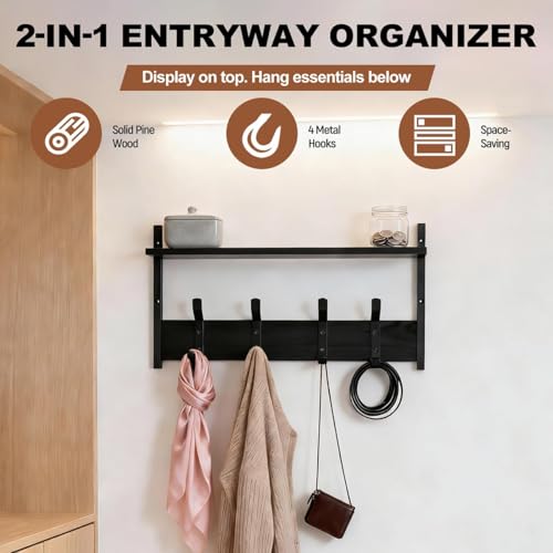 PEKER Coat Rack Wall Mount with Shelf, Solid Wood Entryway Organizer with 4 Metal Hooks, Wall-Mounted Organizer for Entryway, Bathroom, Bedroom & Kitchen, Hanging Rack for Coats, Hats, Bags & Towels