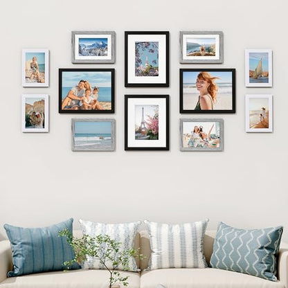 Vittanly 12 Pack Gallery Wall Frame Set, Black, Brown, Grey | Gallery Wall Frame Set: 4pcs 8x10, 4pcs 5x7 & 4pcs 4x6 Photos for Wall & Table, Picture Frames made of Engineered Wood - color: Black & Grey & White