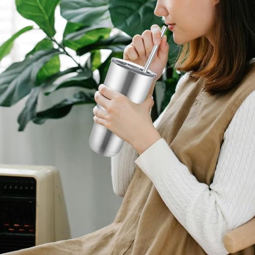 YOUKE OLA 8 Pack Stainless Steel Insulated Tumbler with Lids and Straws Bulk Double Wall Vacuum Insulated Coffee Travel Tumbler for DIY Gift (Silver, 30oz)