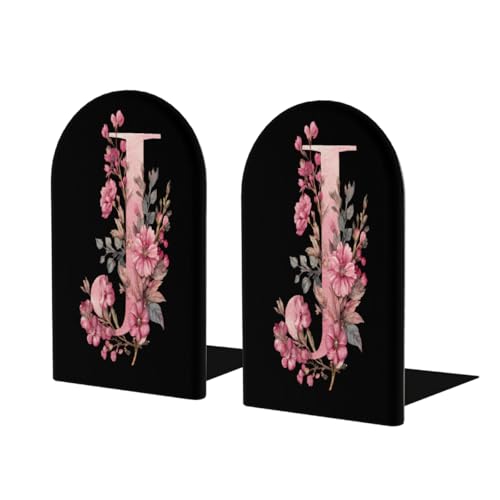 Wood Book Ends for Shelves Pink Flower Alphabet J On Black Bookends for Heavy Books CDs Organizer Decorative Wooden Book Stopper Holders for Home Office Desk,5.1x3.1x4in Set of 2 - color: Floral J, size: 5.1x3.1x4inx2PCS