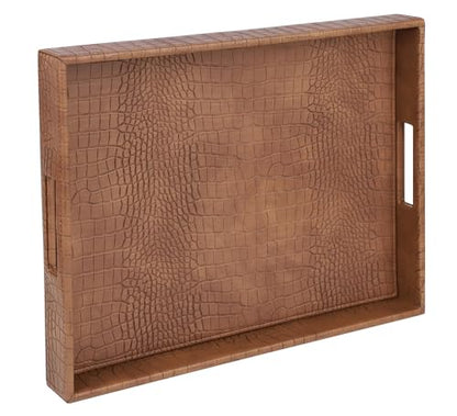 HofferRuffer Rectangle Serving Tray with Hole Handles for Coffee Table, Breakfast, Tea, Food, Butler - Countertop, Kitchen, Vanity Serve Tray, 16.2 x 12.2 x 2 inches, Faux Leather (Antique Brown) - color: Antique Brown