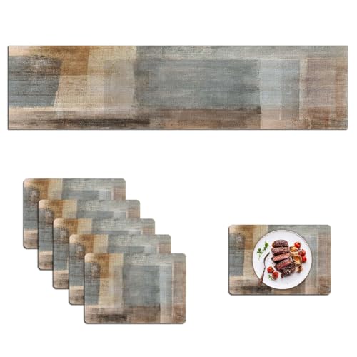 Mcalk Brown Table Runner and Placemats Set of 6, Abstract Grey Placemats, Modern Art Cloth Place Mats Indoor for Kitchen,Washable Linen Material for Dining Table - color: 01brown2