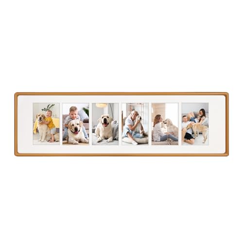 8x28 Collage Picture Frame Natural Teak Solid Wood, 4x6 Collage Photo Frame Displays 6 Photos or 8x28 (Without Mat), Wooden Frame for Tabletop or Wall Mounting Display - color: Teak, size: 8x28-6 Openings