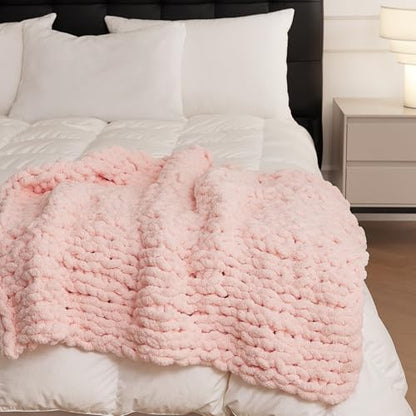 Chunky Knit Blanket Throw for Couch 40"×40" Pink | 100% Handmade Knitted Throw Blanket Fluffy Soft Blanket with Jumbo Chenille Yarn Thick - color: Pink, size: 40"*40"