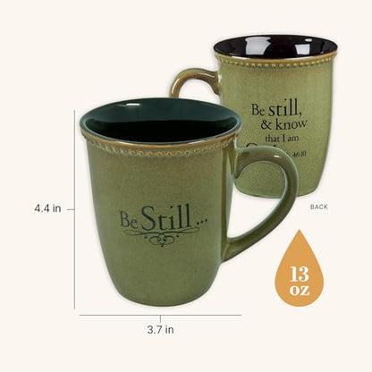 Christian Art Gifts Sage Green Stoneware Coffee Mug – 13 oz. Microwave and Dishwasher-safe Lead-free Inspirational Scripture Coffee and Tea Mug for Men & Women with Bible Verse: Be Still – Psalm 46:10 - color: Green