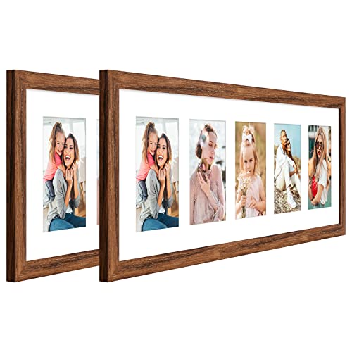 8x24 Collage Frame with 5 Openings 4X6 Pictures, Multiple Picture Frame with Mat, Wall or Tabletop Decor, Carbonized Brown Wood Grain,2 Pack - color: Carbonized Brown, size: 8x24-(5 open4x6)-2P