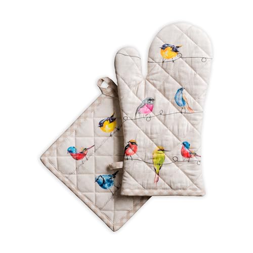 Maison d' Hermine 100% Cotton Oven Mitt & Pot Holder Set (7.5"x13" & 8"x8") | Heat Resistant BBQ Cooking Gloves with Loop Baking Grilling Kitchen Hotel Home Farmhouse Spring Summer - Birdies on Wire - color: 003 - Birdies on Wire, size: 7.5" x 13" & 8" x