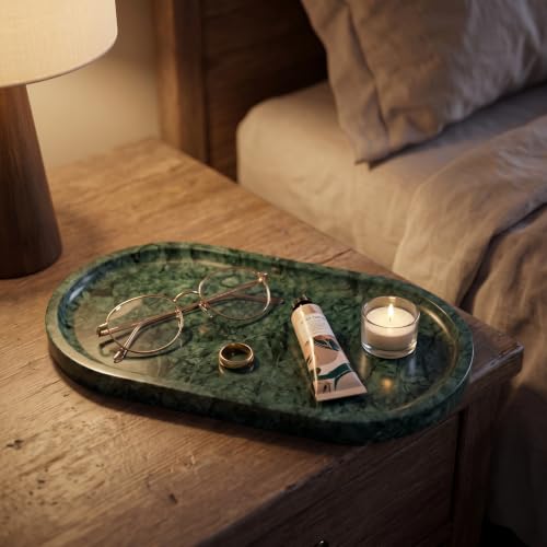 YKAJO Jade Green Oval Marble Tray, 11.8x5.9 Vanity Perfume Organizer Dish | Honed natural stone; jewelry & trinket dish, ring & key holder, soap & candle catchall; bath counter, dresser, coffee table - color: Jade Green, size: 11.8" x 5.9" x 0.6"