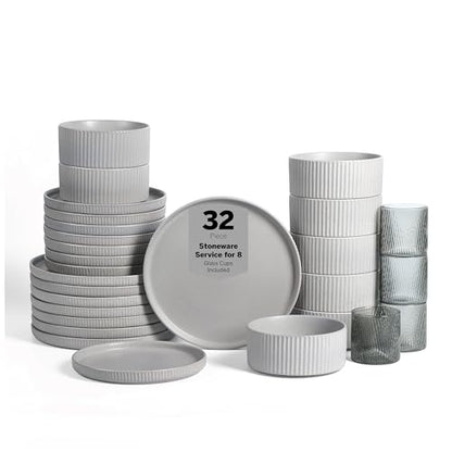 Stone Lain Haven Stoneware 32-Piece Dinnerware Set, Plates and Bowls Sets for 8, Grey Dish Set, Includes Dinner and Salad Plates, Cereal Bowls, Glassware, Microwave & Dishwasher Safe - color: Gray, size: 32-Piece - Drinking Glasses