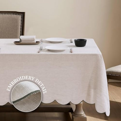 100% French Flax Linen Tablecloths Scalloped Embroidery Rectangle 84Lx60W Inch for Dinners, Parties, Spring, Machine Washable, 6-8 Sets, Linen(Edges-Green) - color: Linen(edges-green), size: 84" x 60" (Rectangular)