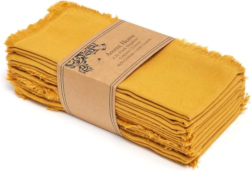 ACCENTHOME Mustard Cotton Linen Napkin Set of 6 18x18 inch Dinner Napkins - Washable Soft Premium Hotel Quality Reusable Napkins Perfect Table Napkins for Family Dinners, Weddings & Everyday Use | Cotton Linen Blend Napkins, Machine Wash On Gentle Cycle,