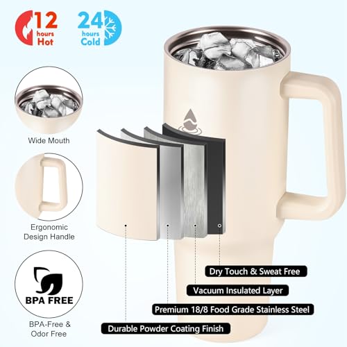 40 oz Tumbler with Handle and Straw or Convert to 40 oz Insulated Water Bottle Fits in Cup Holder. Stainless Steel Metal Water Flask with 2 Lids for Travel,Camping,Gym Sports Coffee Mug Thermal Cup - color: Cream