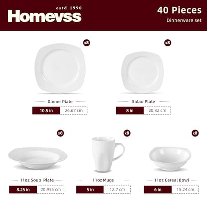 HomeVss, New Bone China Dinnerware Set, Coupe Square Shape, 40pc Set - color: Square Coupe, size: Service for 8 - 40pc Set