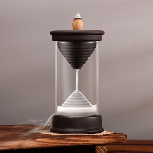 Hourglass Backflow Incense Burner Waterfall Incense Holder Bracket Glass Windproof Cover Provides 20 Counter Flow Incense Cones for Yoga Office Home Decoration Odor Elimination