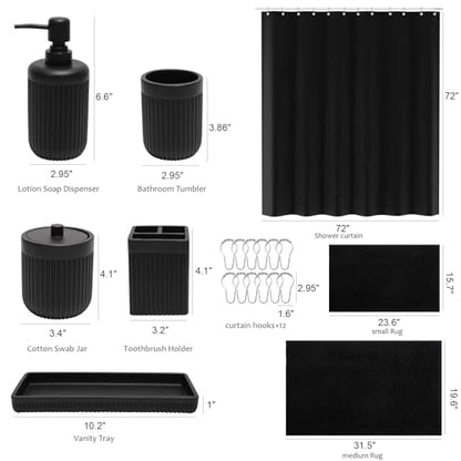 XLHOMO Matte Black Bathroom Sets with Shower Curtain and Rugs, 8-Piece Resin Bathroom Accessories Sets Complete, Soap Dispenser, Toothbrush Holder, Tumbler, Tray & Apothecary Jars Bathroom Essentials - color: Black, size: Resin Bath Set Complete
