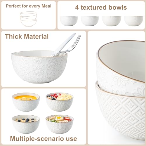 26 oz Ceramic Soup Bowls, Cereal Bowls Set of 4 – Oven & Microwave Safe French Onion Soup Bowls, Unique Embossed Patterns, Dishwasher Safe for Soups, Stews & Desserts