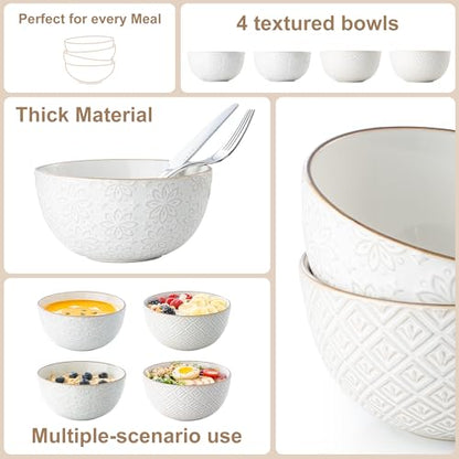 26 oz Ceramic Soup Bowls, Cereal Bowls Set of 4 – Oven & Microwave Safe French Onion Soup Bowls, Unique Embossed Patterns, Dishwasher Safe for Soups, Stews & Desserts