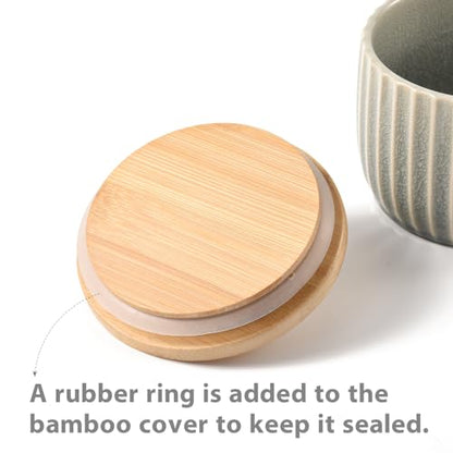 Salt Cellar Keeper with Bamboo Lid, 14oz Big Capacity Ceramic Sugar Bowls Pepper Box, Crackle Glaze Seasoning Container Condiment Pot for Kitchen (Grey Color) - color: Gray