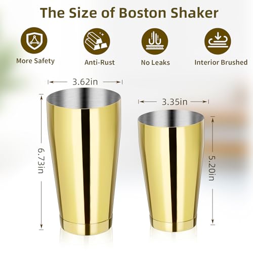 Mwellewm 8 Pcs Cocktail Shaker Boston Shaker Set Professional Bartender Kit Bar Shaker Stainless Steel Drink Bartending Martini Tin with 18oz & 28oz Mixed Alcohol Tool for Beginner(Gold) - color: Gold