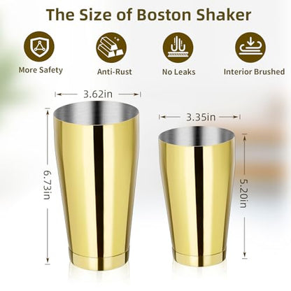 Mwellewm 8 Pcs Cocktail Shaker Boston Shaker Set Professional Bartender Kit Bar Shaker Stainless Steel Drink Bartending Martini Tin with 18oz & 28oz Mixed Alcohol Tool for Beginner(Gold) - color: Gold
