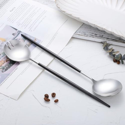 Salad Servers,Spoon and Fork Set 11.41 inch,18/10 Stainless Steel Salad Serving Titanium Plating (black silver) - color: Black/Silver