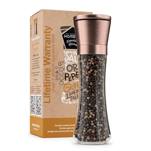HOME EC Original Stainless Steel Salt or Pepper Grinder 1pk - Adjustable Ceramic Sea Salt Grinder or Pepper Mill - Tall Glass Spice Shaker - Spice Mill w/Ebook (Copper) - color: Copper Top/Clear Glass, size: 1pk