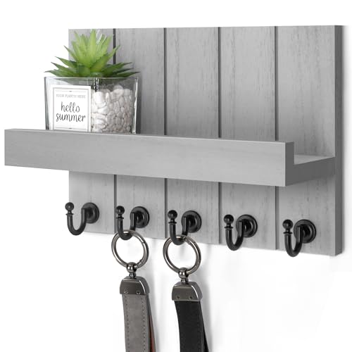 Rebee Vision Key Holder Wall Mount with Shelf, Hooks for Home Decor, Gray | 3.54"D x 10"W x 7.28"H, 5 Modern Hooks, Pine Wood Key Holder for Wall, Mail Organizer, Farmhouse Decor, Apartment Essential - color: Gray, size: 10 inches