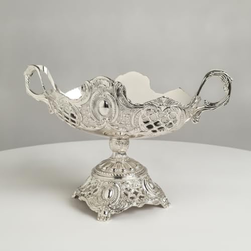 Qianly Metal Serving Tray with Handles Silver Tone Serving Tray with Handles Decorative for Hosts, Home Stylists, Afternoon Tea, Weddings, Dining Table, Gondola High Fruit Plate