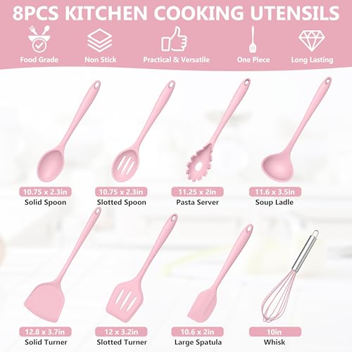 TeamFar Silicone Cooking Utensils Set, 8 PCS Kitchen Utensils Set, Pink | 446°F Heat Resistant Turner, Spatula, Spoon, Whisk, Kitchen Cooking Gadgets Tools, for Nonstick Cookware, Dishwasher Safe - color: Pink