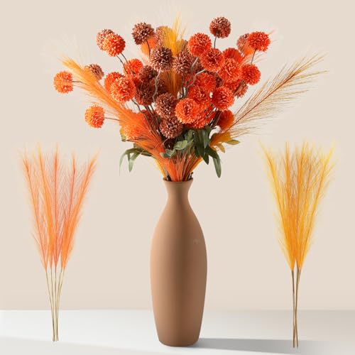Faux Fall Flowers Artificial Mums 10 Stems +10 Branches Pampas Grass,Long Stems Silk Flowers Autumn Home Decor,Fake Floral Pompon For Table Vase Filler,Halloween Centerpieces,Wedding Arrangements - color: Dust Orange/Orange Red(mix)
