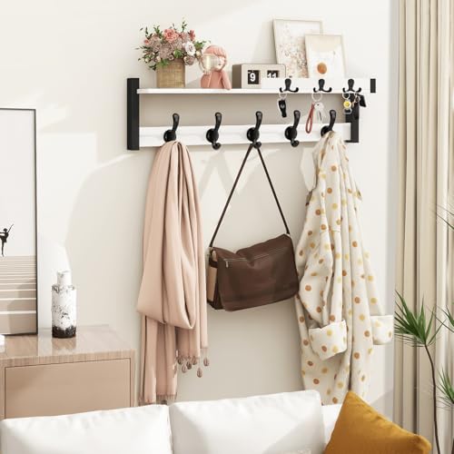 Coat Rack Wall Mount, 29" Floating Shelf with Key and Mail Holder | Wooden Entryway Hanging Shelf with Hooks and Storage for Hat Towel Jacket Purse Backpack Dog Leash, White