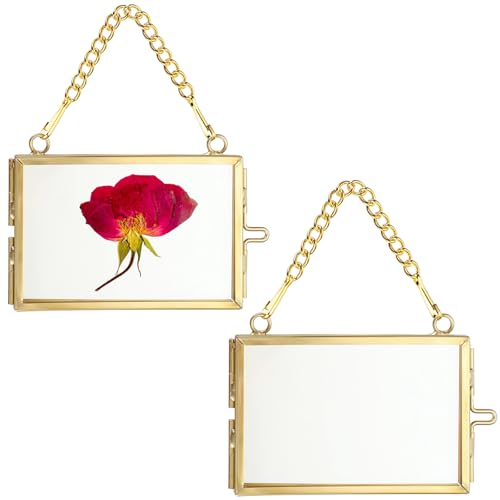 JUXYES 2x3 Hanging Mini Double Glass Picture Frame for Pressed Flower | 2 Pack Wallet Size Tiny Frame Ornament for Xmas Tree Party Wall Decor, Small Gold Brass Floating Display Frame with Chain - color: Horizontal, size: 2 Pack