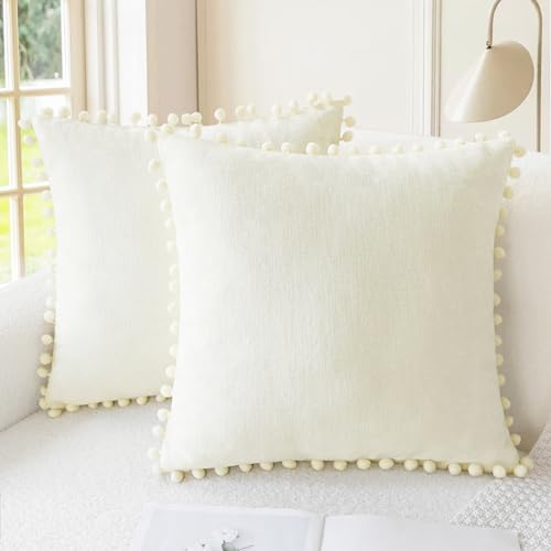 CaliTime Decorative Couch Throw Pillow Covers 16 X 16 Inches Cream | Pack of 2, Cozy Chenille Cushion Cases, with Pom Poms for Sofa Bed Living Room Farmhouse Home - color: Cream, size: 16" x 16" (Pack of 2)