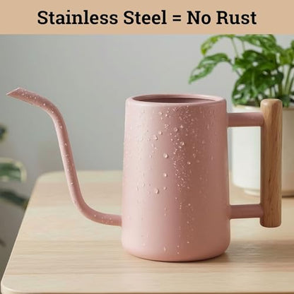 Metal Small Indoor Watering Can with Long Spout & Real Wood Handle, 35oz | Long Spout, Stainless Steel, Real Wood Handle, Gentle Flow, No Spills, Suitable for House Plants, Succulents & Seedlings - color: Pink