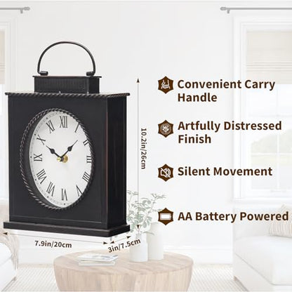 Vintage Mantel Clock, Large Rustic Distressed Metal Table Clock with Handle, Silent Non-Ticking Quartz Movement, Antique Brown Fireplace Shelf Desk Clock for Living Room Bedroom Office - style: Mantel Clock