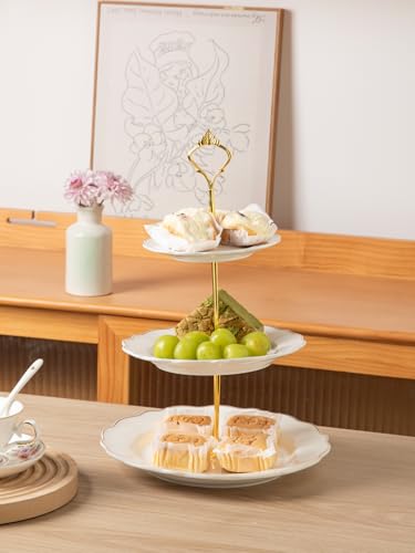 Sweejar 3 Tier Ceramic Cake Stand Wedding, Dessert Cupcake Stand for Tea Party Serving Platter(White) - color: Snow White