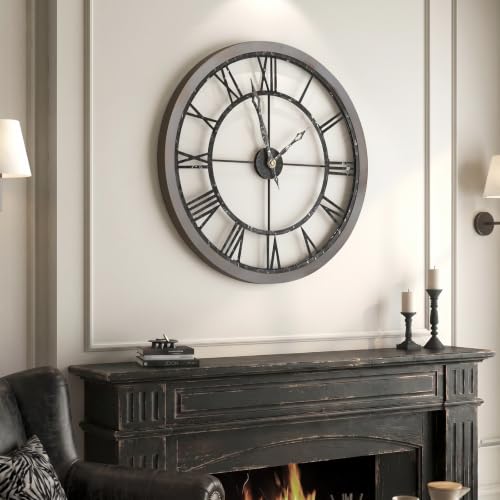 Cuspin Large Wall Clock 30 Inch,Vintage Farmhouse Wall Clock for Living Room Decor, Silent Non Ticking Battery Operated Rustic Industrial Clock with Solid Wood Frame and Roman Numerals - color: Wood Industrial Roman, size: 30 Inch