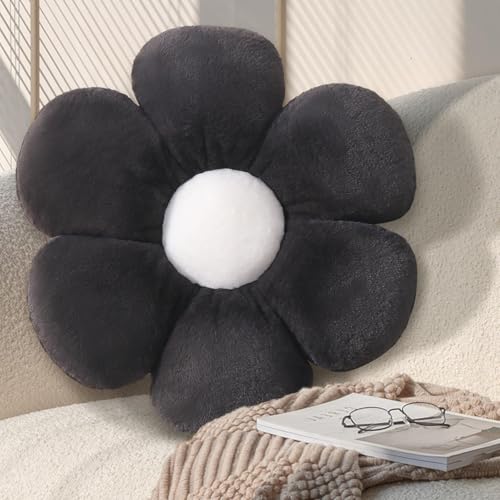 KUCCO Black Flower Pillow, Daisy Shaped Decorative Throw Pillow, 17.7 Inch | Soft Plush Flower Shaped Pillow, Floral Seating Cushion, Cute Floor Pillow for Bedroom, Living Room Decor - color: Black